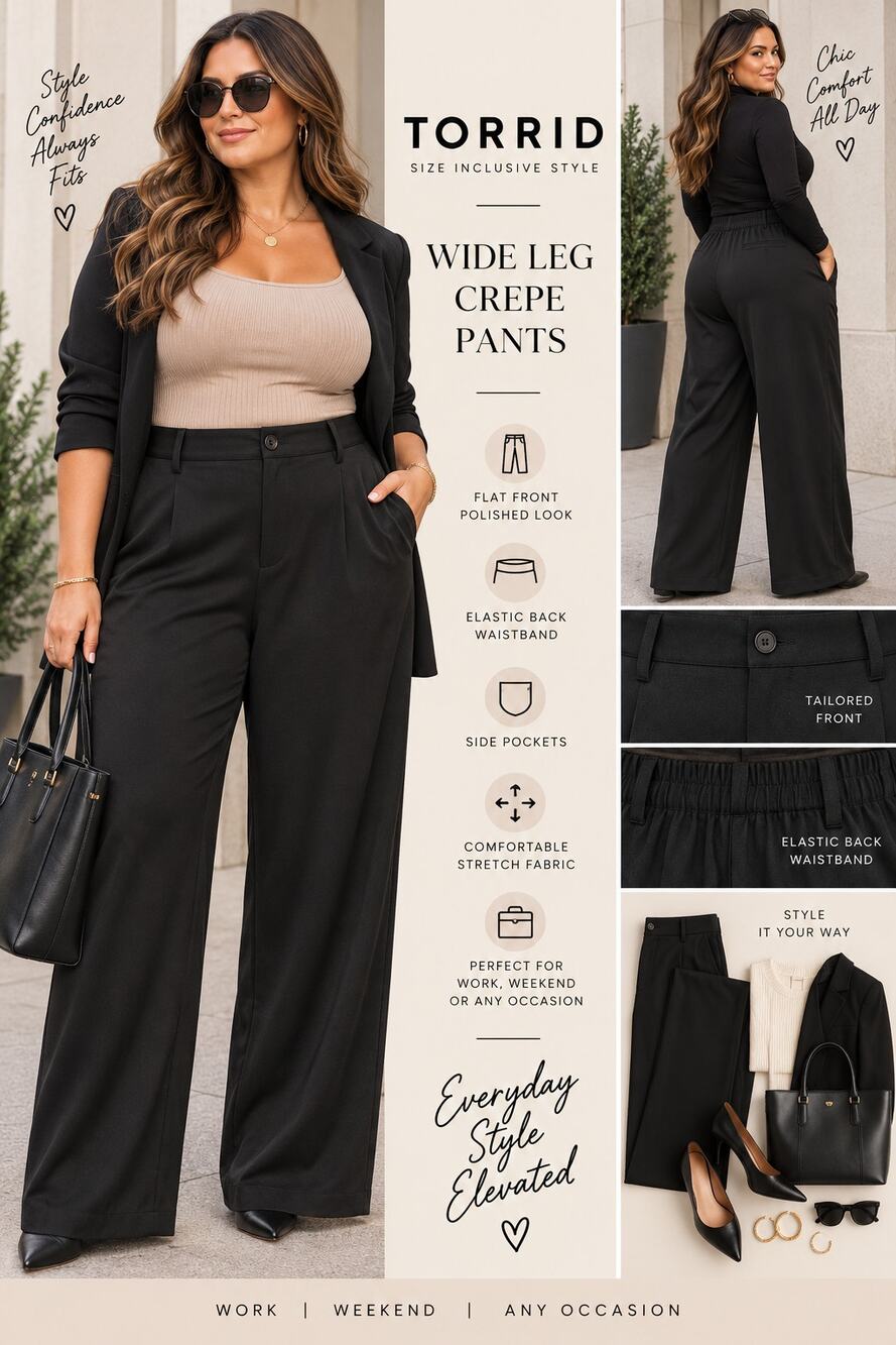 Torrid Wide Leg Crepe Pants 24 Black NWT Flat Front Stretch Plus Size